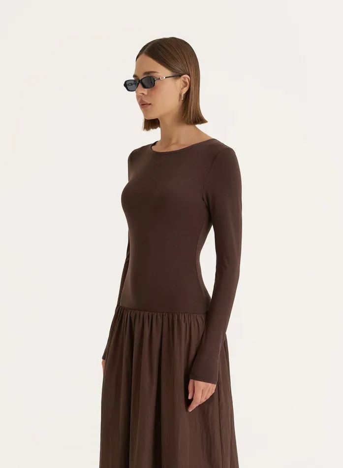 Women Chocolate Contrast Long Sleeve Maxi Dress Rosie 4th and Reckless Dresses