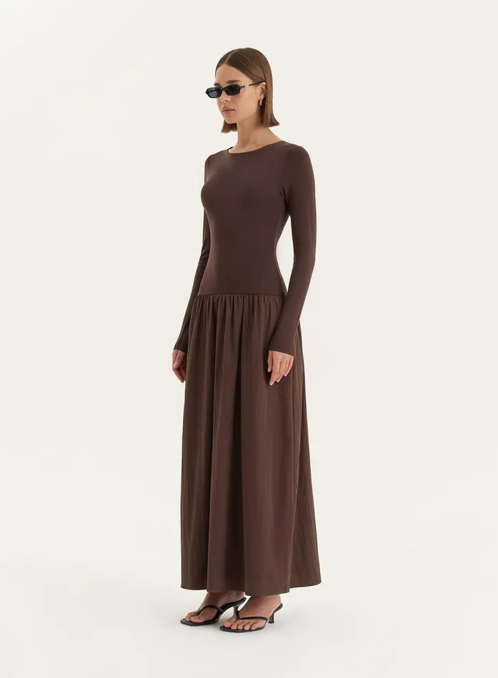 Women Chocolate Contrast Long Sleeve Maxi Dress Rosie 4th and Reckless Dresses