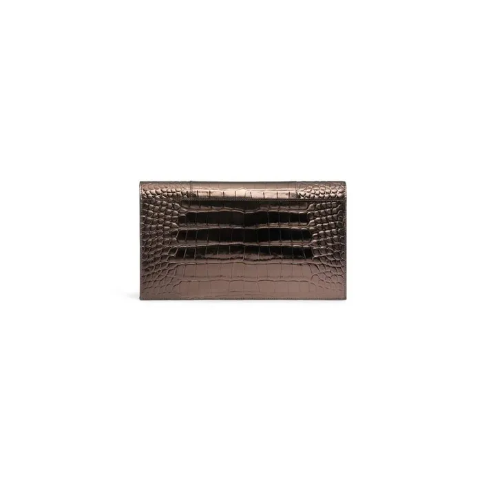 Women Clutches and Pouches Balenciaga Hourglass Flat Pouch With Flap Metallized Crocodile Embossed In Bronze