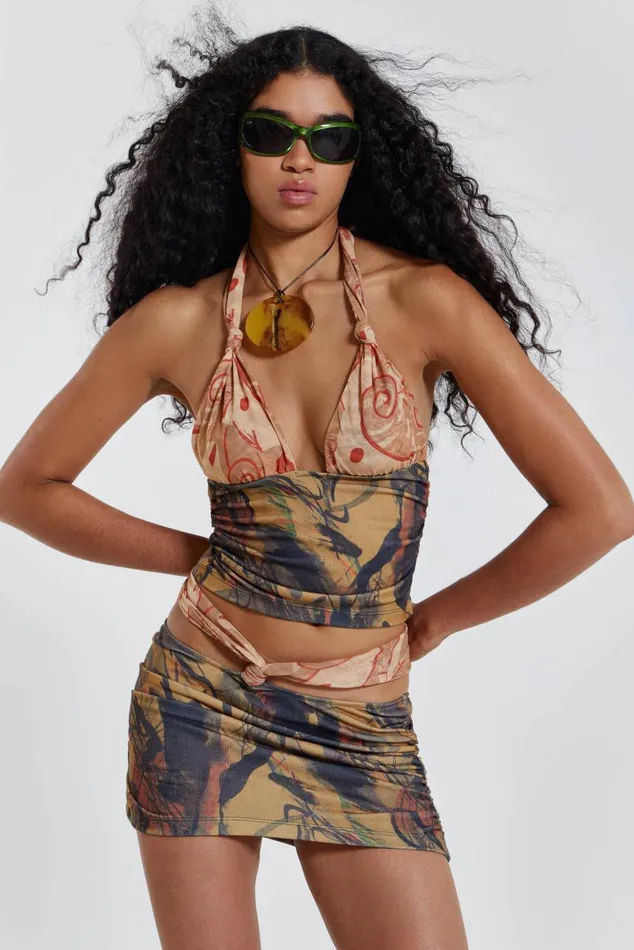 Women Contrast Print Knotted Mini Beach Skirt Jaded London Mini Skirts
