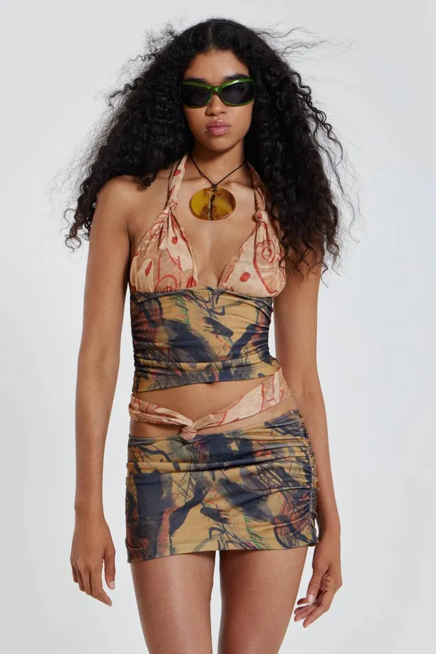 Women Contrast Print Knotted Mini Beach Skirt Jaded London Mini Skirts