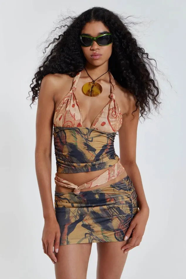 Women Contrast Print Knotted Mini Beach Skirt Jaded London Mini Skirts