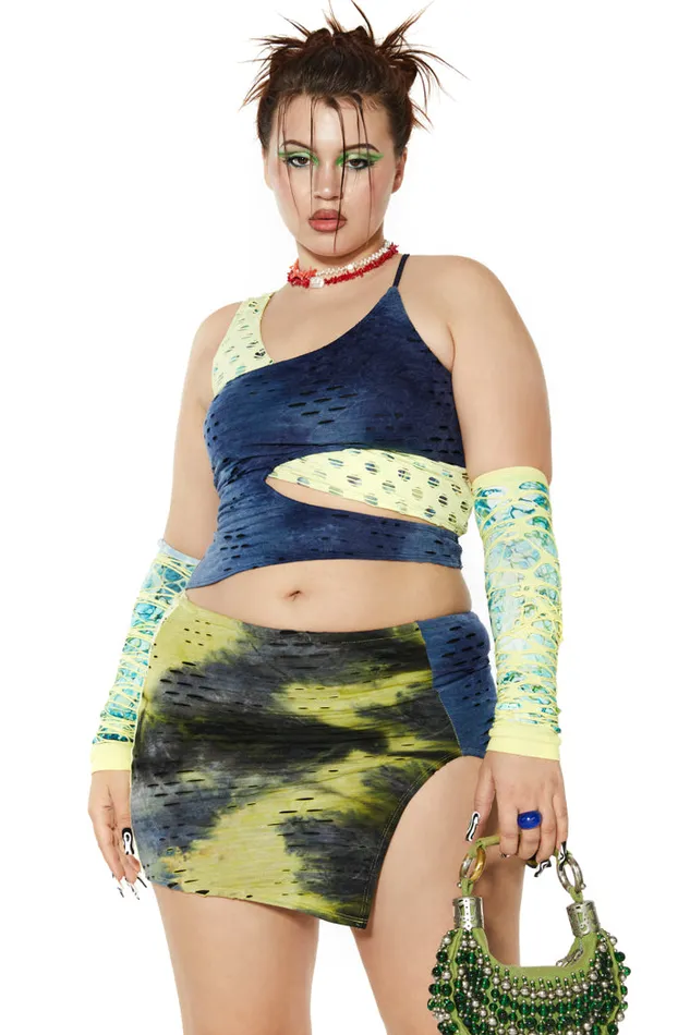 Women Craziest Green and Blue Slashed Extreme Mini Skirt With Split Detail Jaded London Mini Skirts