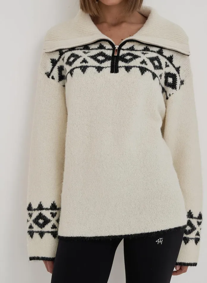 Women Cream Fairisle Knitted Half Zip Jumper Kali 4th and Reckless Athleisure