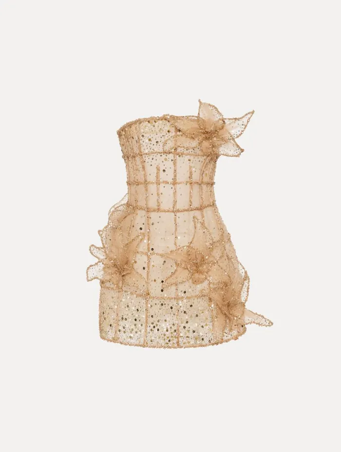 Women Crystal Grid Orchid Cocktail Dress Gold Oscar De La Renta Dresses