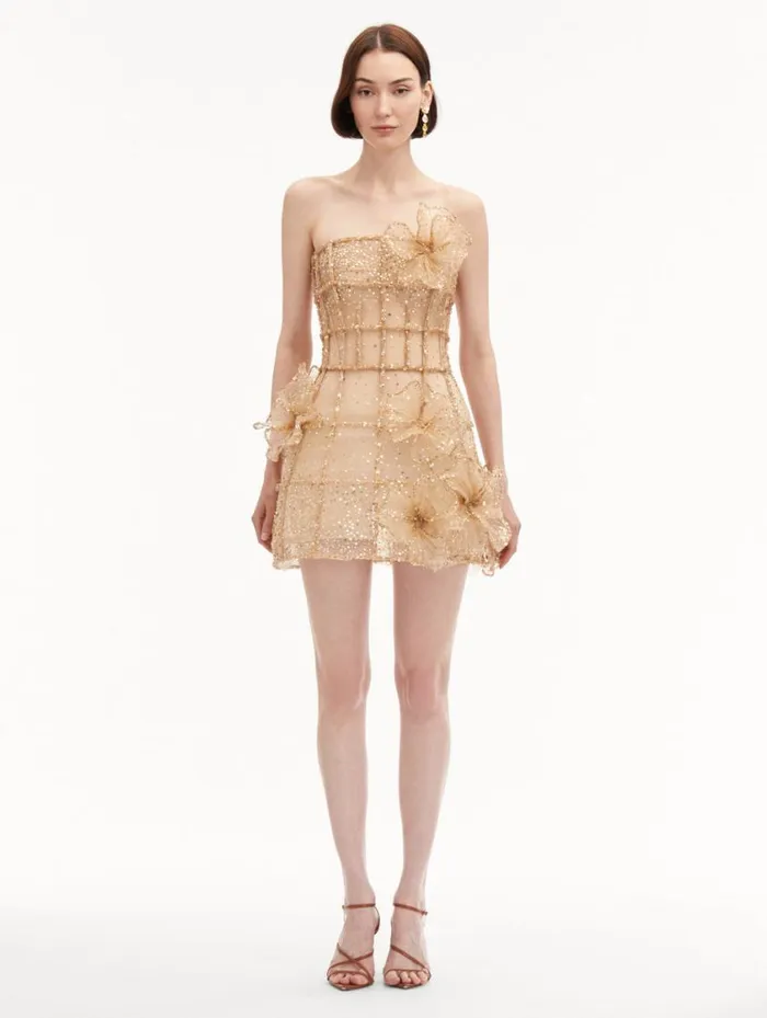 Women Crystal Grid Orchid Cocktail Dress Gold Oscar De La Renta Dresses Women Crystal Grid Orchid Cocktail Dress Gold Oscar De La Renta Dresses