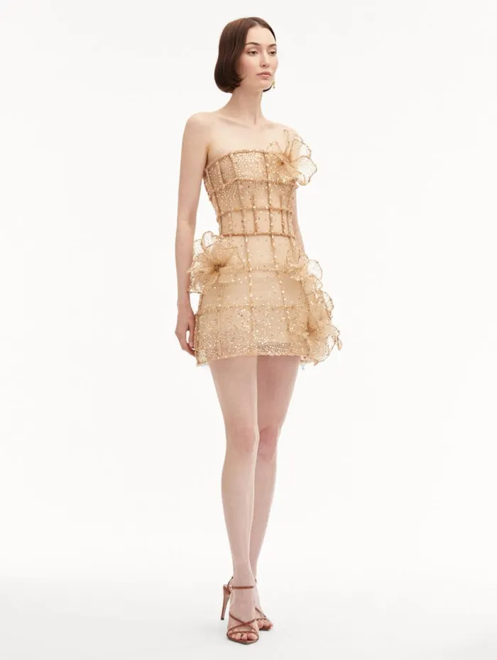 Women Crystal Grid Orchid Cocktail Dress Gold Oscar De La Renta Dresses Women Crystal Grid Orchid Cocktail Dress Gold Oscar De La Renta Dresses