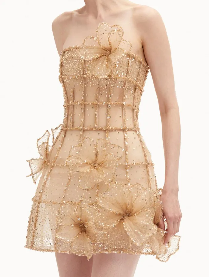 Women Crystal Grid Orchid Cocktail Dress Gold Oscar De La Renta Dresses Women Crystal Grid Orchid Cocktail Dress Gold Oscar De La Renta Dresses