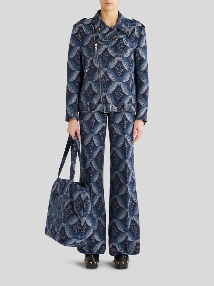 Women Denim Jacquard Biker Jacket Etro Coats And Outerwear
