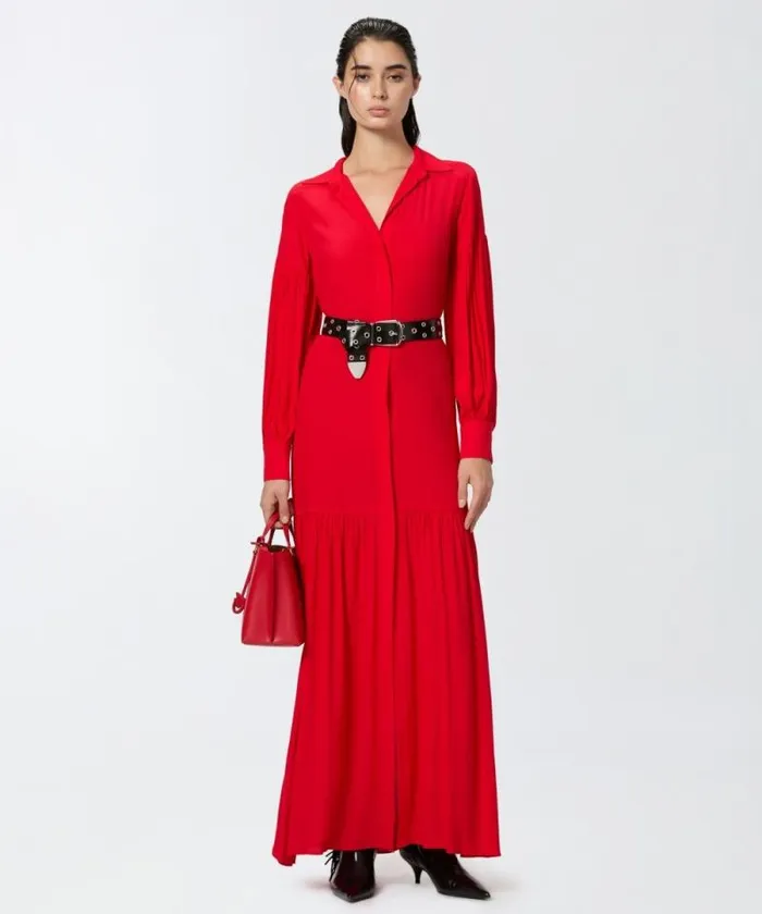 Women Dresses Pinko Long Belted Shirt Dress Salsa Red