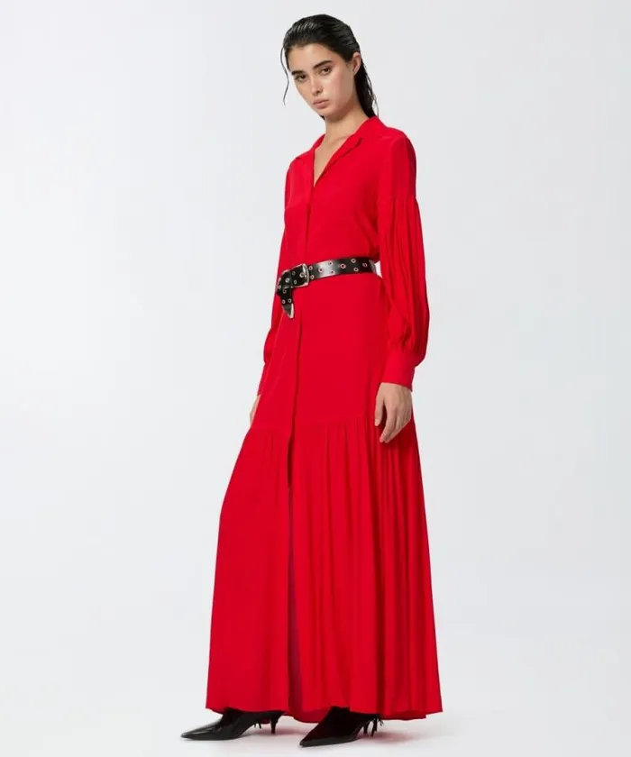Women Dresses Pinko Long Belted Shirt Dress Salsa Red Women Dresses Pinko Long Belted Shirt Dress Salsa Red
