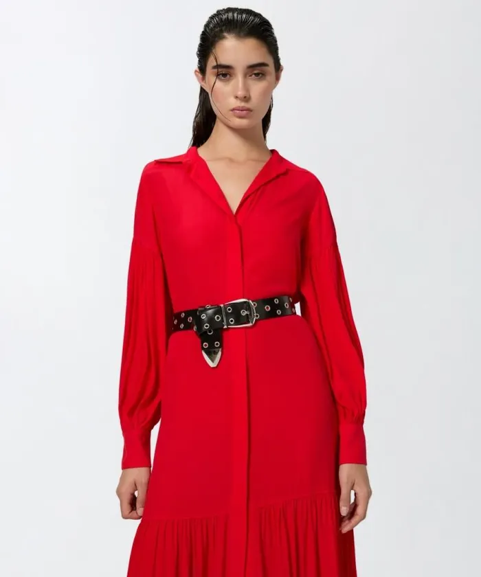 Women Dresses Pinko Long Belted Shirt Dress Salsa Red Women Dresses Pinko Long Belted Shirt Dress Salsa Red