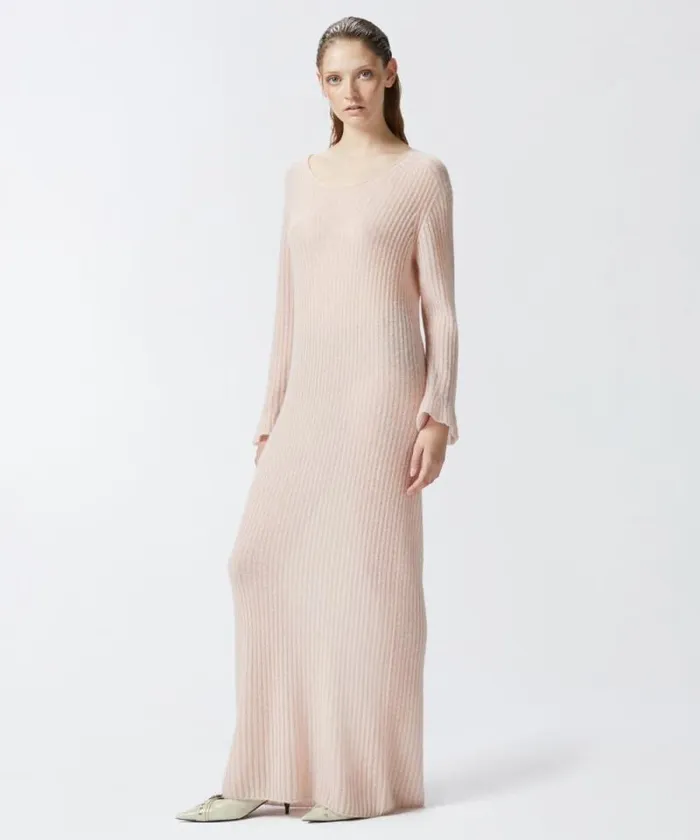 Women Dresses Pinko Long Dress In Light Veileffect Ribbed Knit Fabric Smoky Pink Women Dresses Pinko Long Dress In Light Veileffect Ribbed Knit Fabric Smoky Pink