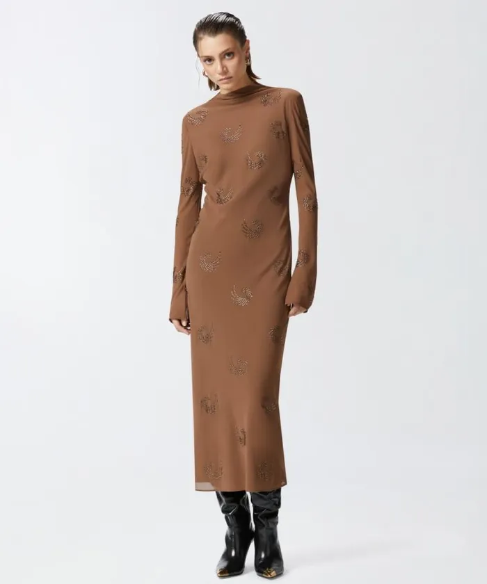 Women Dresses Pinko Long Highnecked Dress With Rhinestone Swirls Brownpine Cone