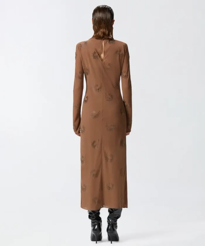 Women Dresses Pinko Long Highnecked Dress With Rhinestone Swirls Brownpine Cone Women Dresses Pinko Long Highnecked Dress With Rhinestone Swirls Brownpine Cone