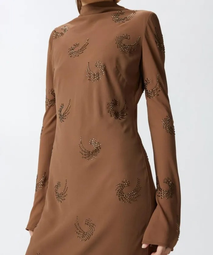 Women Dresses Pinko Long Highnecked Dress With Rhinestone Swirls Brownpine Cone Women Dresses Pinko Long Highnecked Dress With Rhinestone Swirls Brownpine Cone