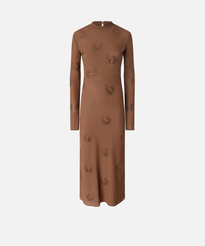 Women Dresses Pinko Long Highnecked Dress With Rhinestone Swirls Brownpine Cone Women Dresses Pinko Long Highnecked Dress With Rhinestone Swirls Brownpine Cone