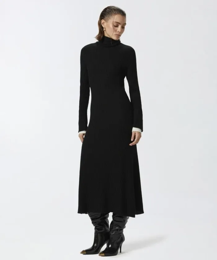 Women Dresses Pinko Long Ribbed Knit Cashmereblend Dress Blackwhite Women Dresses Pinko Long Ribbed Knit Cashmereblend Dress Blackwhite