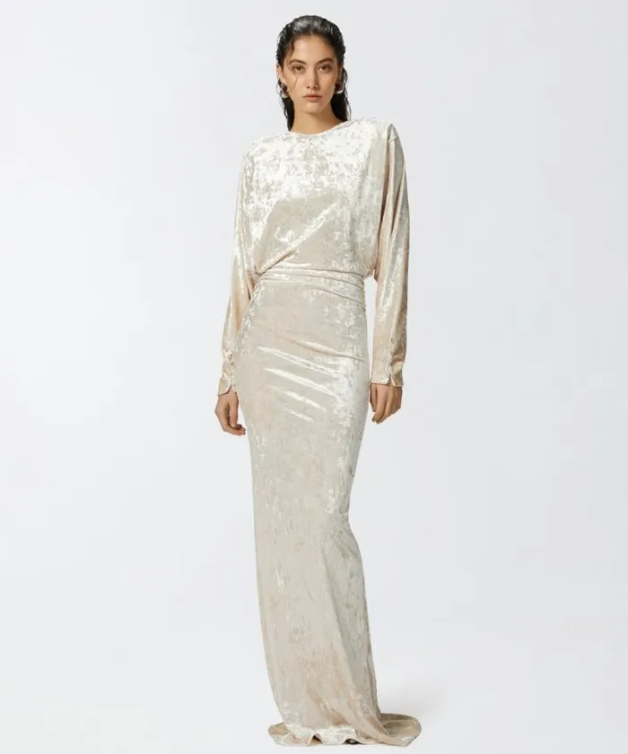 Women Dresses Pinko Long Velvet Dress With Open Back Vanilla Icecream White Women Dresses Pinko Long Velvet Dress With Open Back Vanilla Icecream White