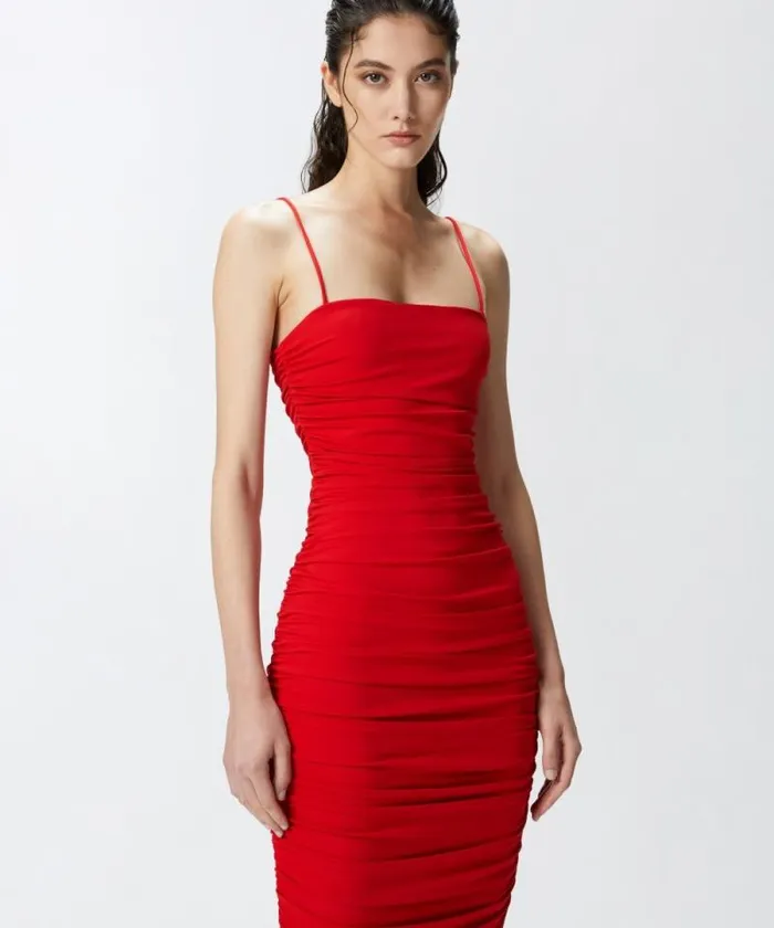 Women Dresses Pinko Slimfit Technical Fabric Midi Dress With Gathering Salsa Red