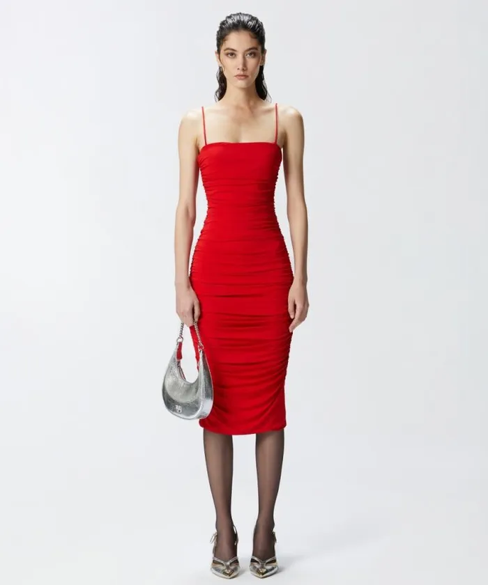 Women Dresses Pinko Slimfit Technical Fabric Midi Dress With Gathering Salsa Red Women Dresses Pinko Slimfit Technical Fabric Midi Dress With Gathering Salsa Red