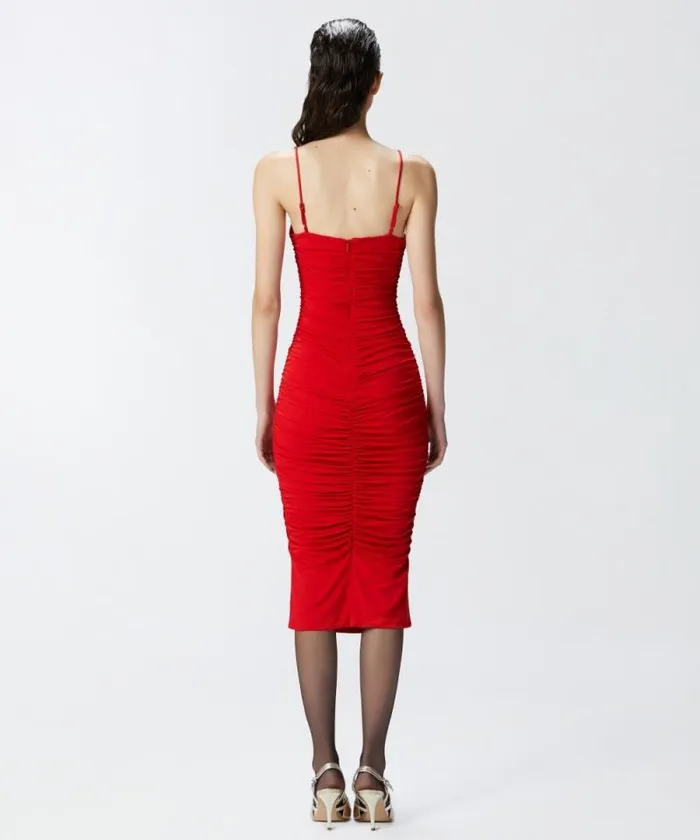 Women Dresses Pinko Slimfit Technical Fabric Midi Dress With Gathering Salsa Red Women Dresses Pinko Slimfit Technical Fabric Midi Dress With Gathering Salsa Red