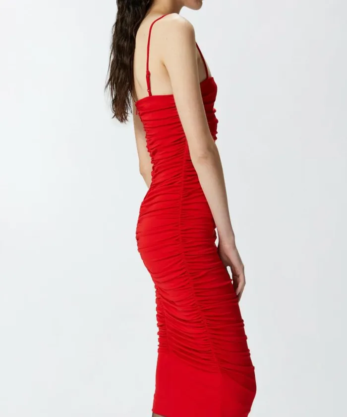 Women Dresses Pinko Slimfit Technical Fabric Midi Dress With Gathering Salsa Red Women Dresses Pinko Slimfit Technical Fabric Midi Dress With Gathering Salsa Red