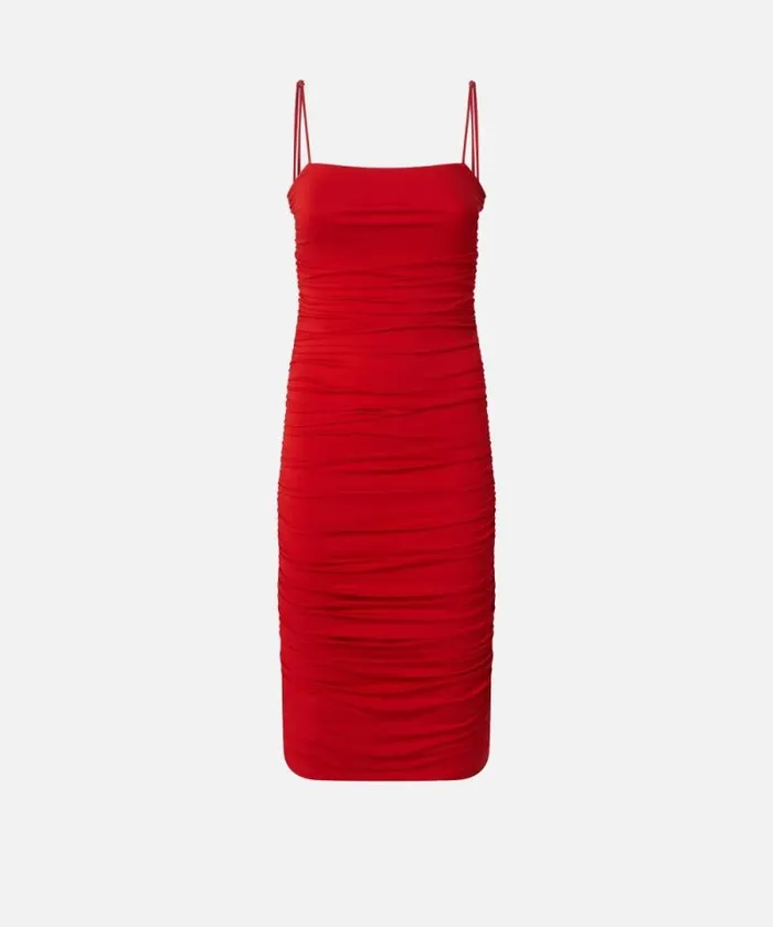Women Dresses Pinko Slimfit Technical Fabric Midi Dress With Gathering Salsa Red Women Dresses Pinko Slimfit Technical Fabric Midi Dress With Gathering Salsa Red