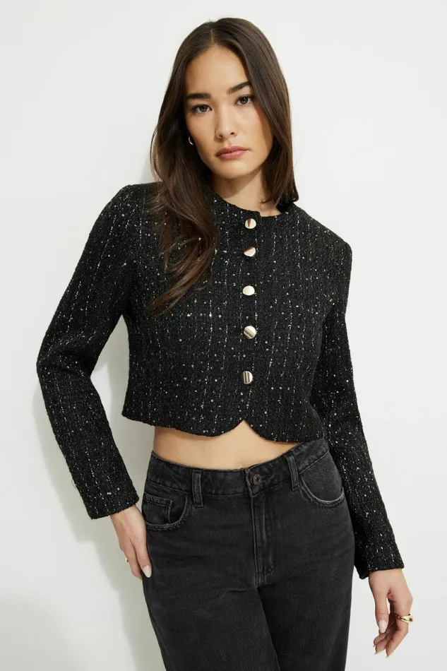 Women Dynamite Blazers and Vests Margaux Metallic Tweed Cropped Blazer BLACK