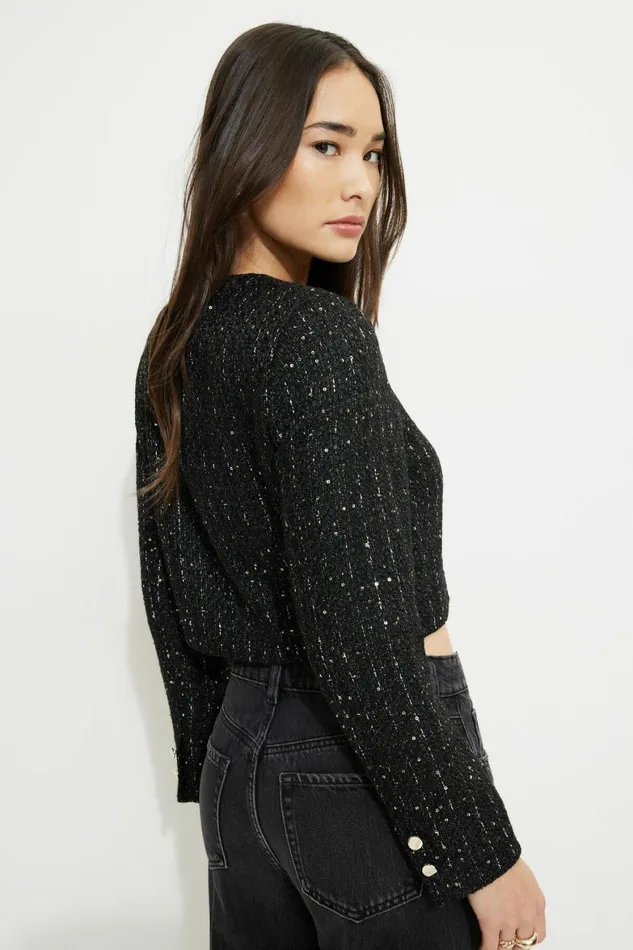Women Dynamite Blazers and Vests Margaux Metallic Tweed Cropped Blazer BLACK