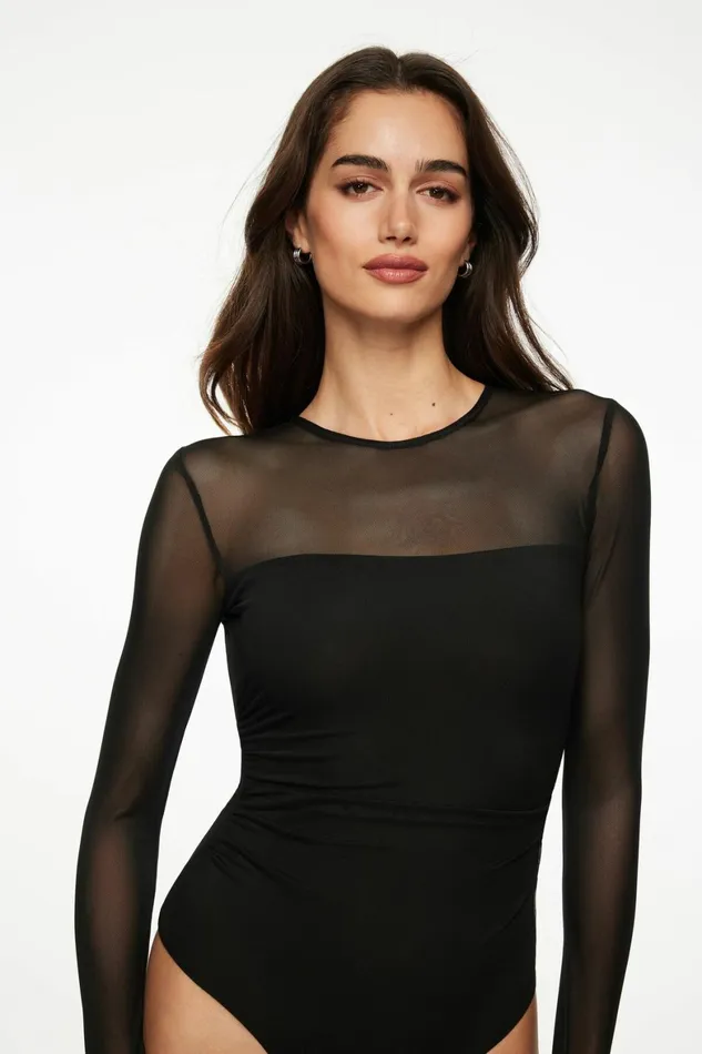 Women Dynamite Bodysuits Open Back Mesh Bodysuit Black