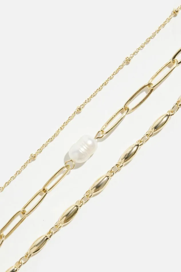 Women Dynamite Bracelets 3Pack Mixed Chain and Pearl Bracelets White