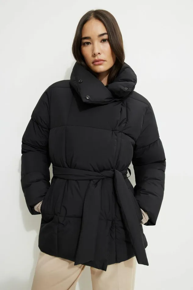 Women Dynamite Coats and Jackets Belted Midi Puffer Jacket Black