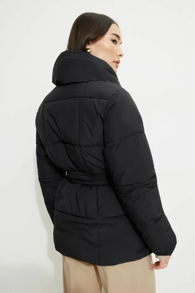 Women Dynamite Coats and Jackets Belted Midi Puffer Jacket Black