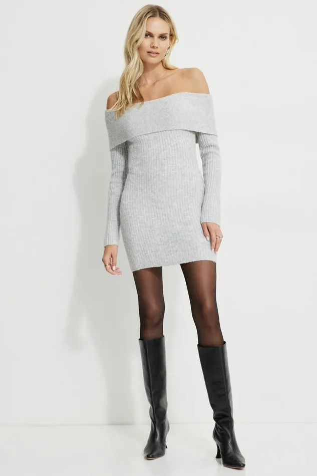 Women Dynamite Dresses and Jumpsuits Heavenlyarn Off Shoulder Mini Dress Gray