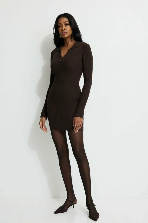 Women Dynamite Dresses and Jumpsuits Ribbed Polo Mini Dress Brown