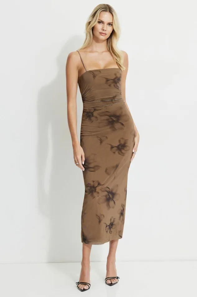 Women Dynamite Dresses and Jumpsuits Sheer Mesh Maxi Dress Brown
