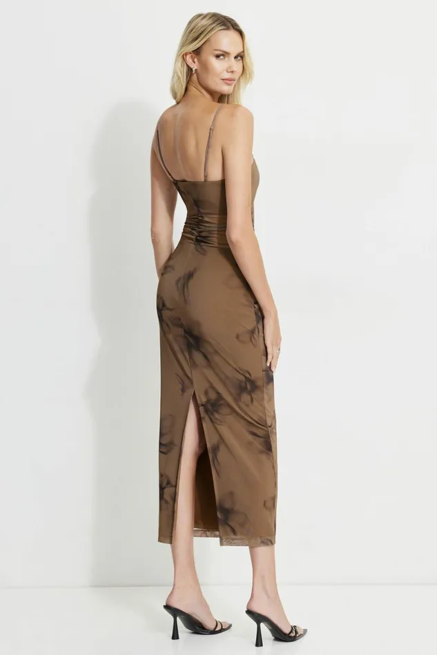 Women Dynamite Dresses and Jumpsuits Sheer Mesh Maxi Dress Brown