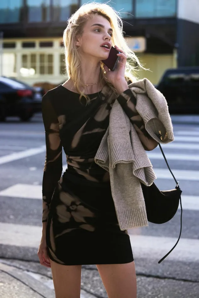 Women Dynamite Dresses and Jumpsuits Shirred Mesh Mini Dress BROWN