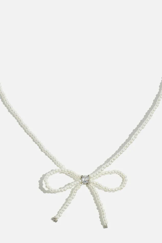 Women Dynamite Necklaces Bow Pearl Bead Necklace Gray