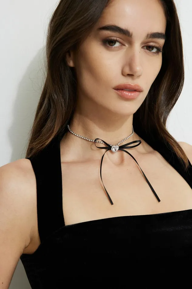 Women Dynamite Necklaces Heart and Ribbon Bow Choker Necklace Black