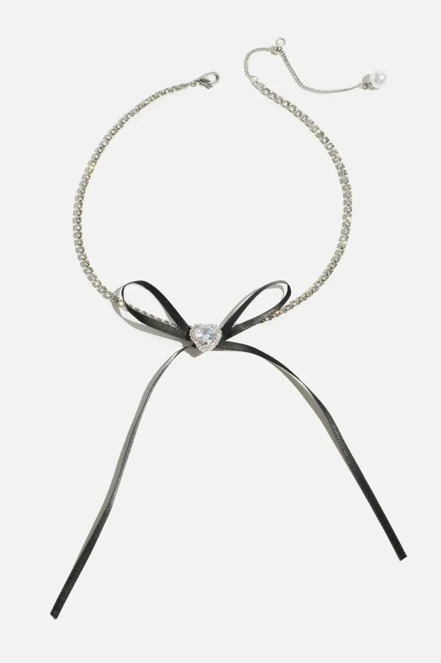 Women Dynamite Necklaces Heart and Ribbon Bow Choker Necklace Black