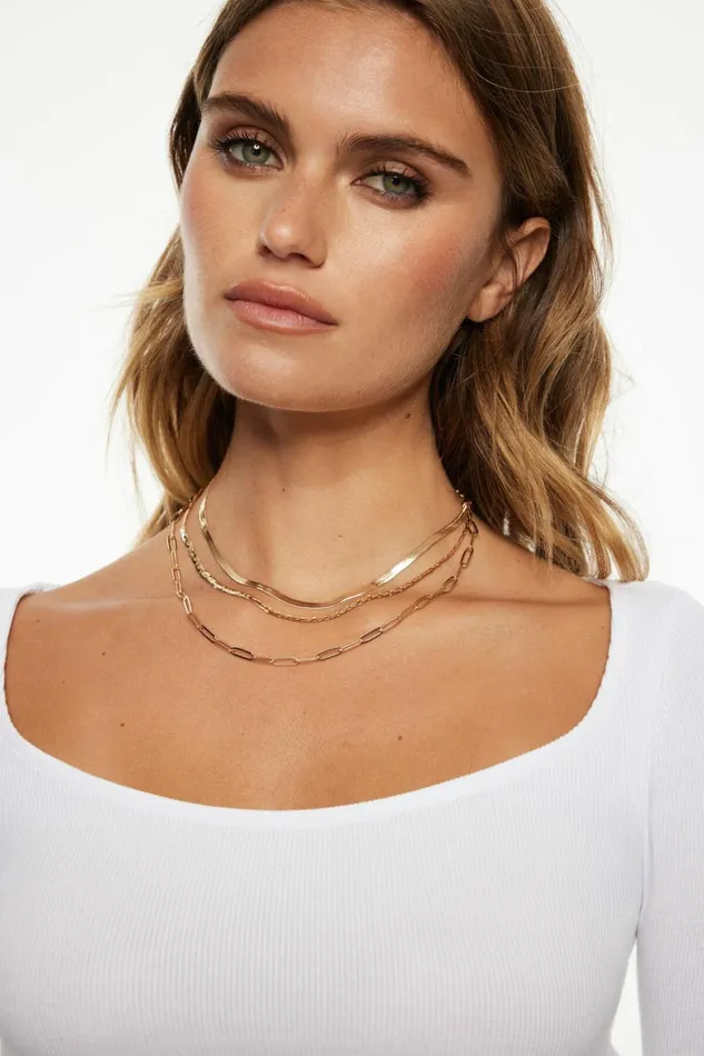 Women Dynamite Necklaces Layered Paperclip Snake and Flat Chain Necklace Yellow