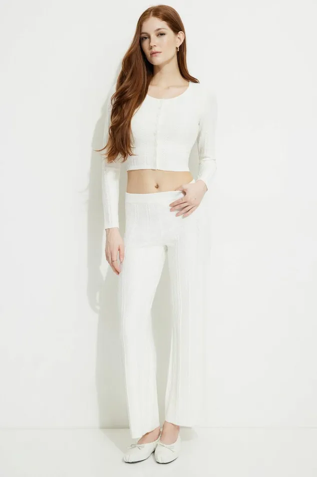 Women Dynamite Pants Cable Knit Flared Pants Beige