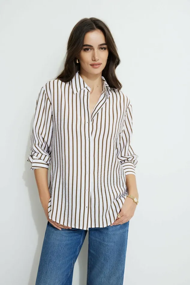 Women Dynamite Tops Frida Airflow Stripe Shirt White