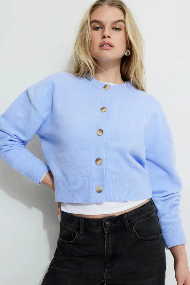 Women Dynamite Tops Heavenlyarn Catherine Crewneck Cardigan Blue