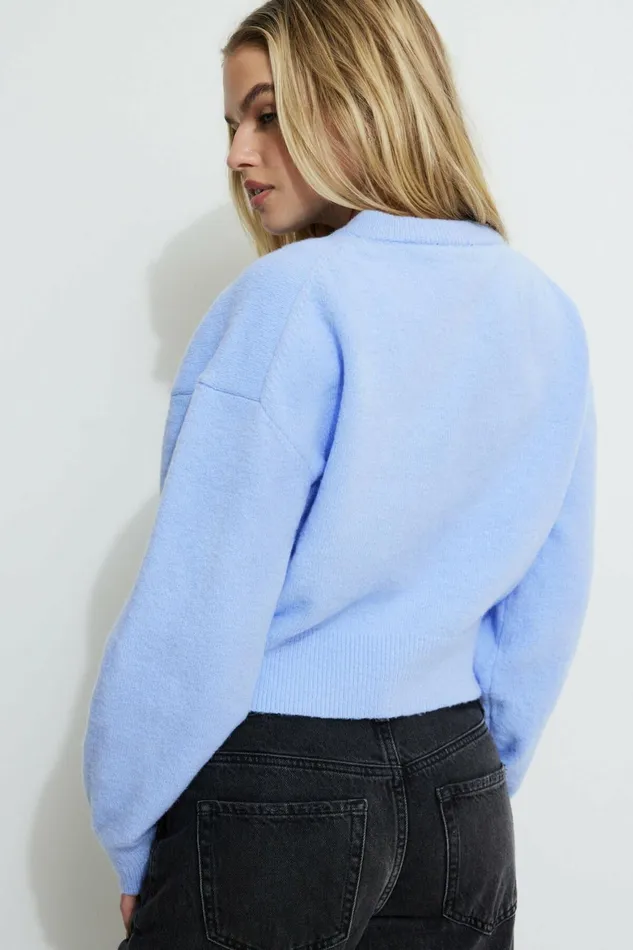 Women Dynamite Tops Heavenlyarn Catherine Crewneck Cardigan Blue