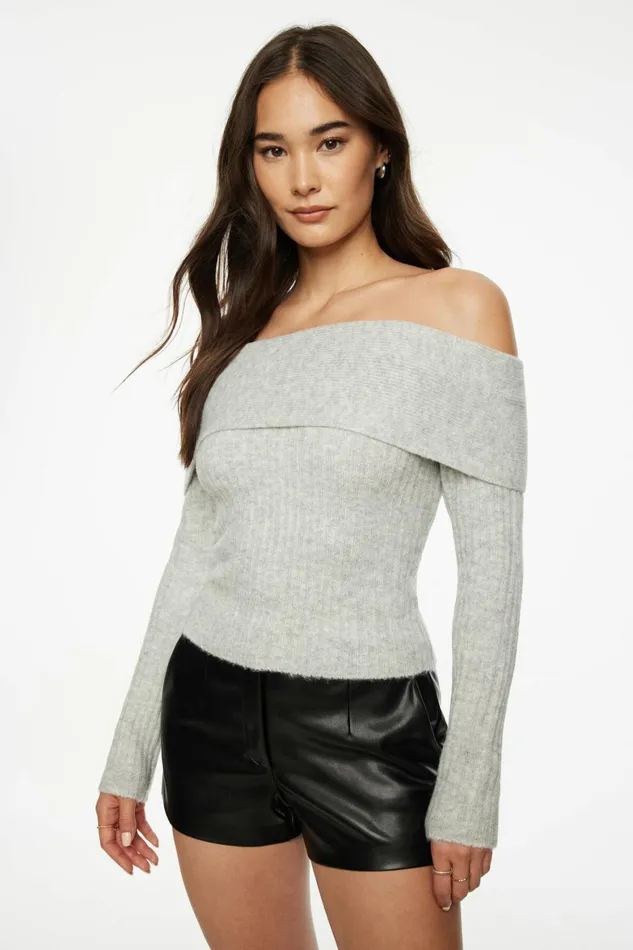 Women Dynamite Tops Heavenlyarn Laura Off Shoulder Sweater Gray