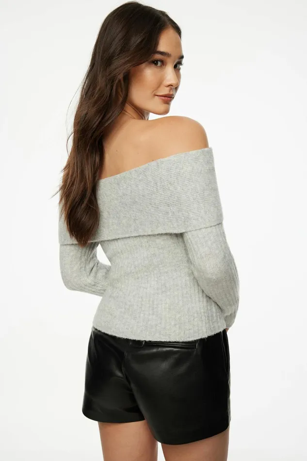 Women Dynamite Tops Heavenlyarn Laura Off Shoulder Sweater Gray