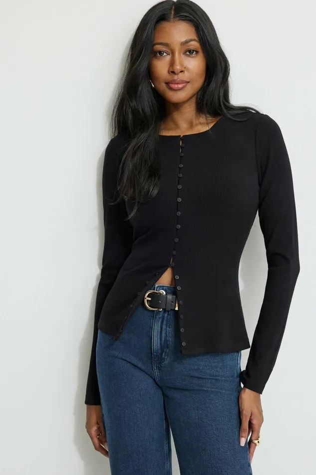 Women Dynamite Tops Renae Ribbed Flyaway Cardigan Black